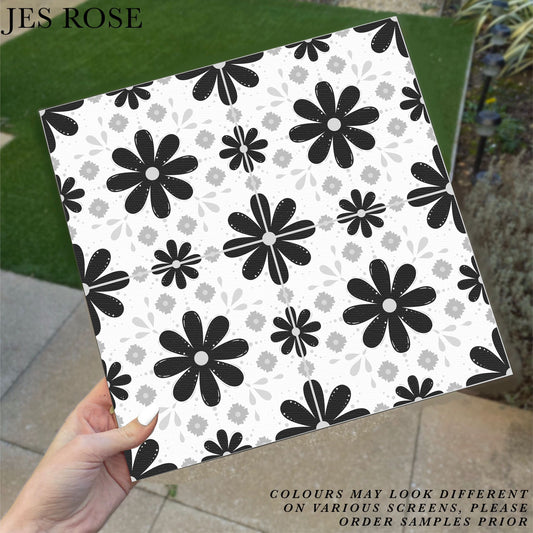 Floral Tiles Grey & Black Premium Peel & Stick Tiles