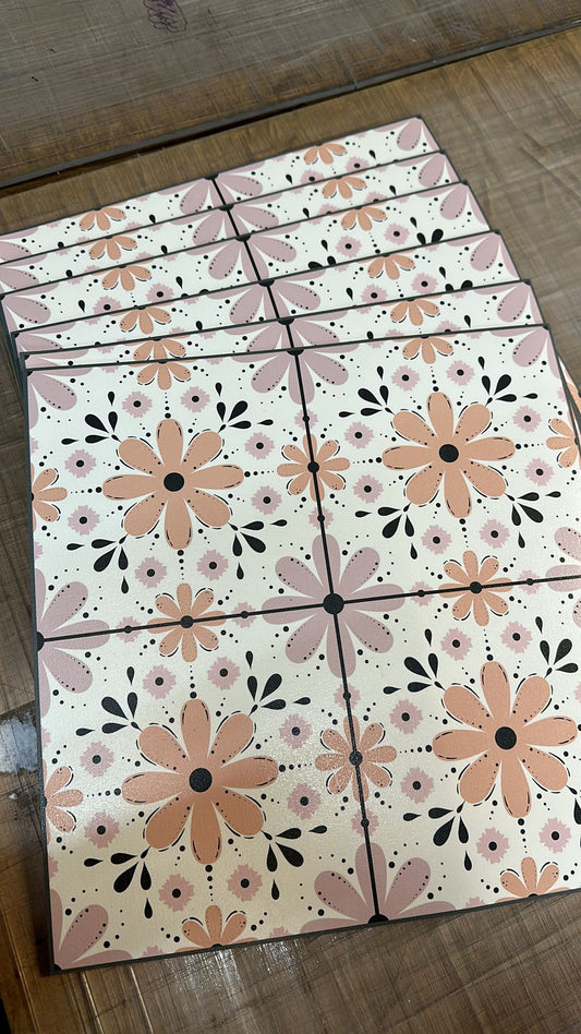 STOCK - Floral tiles pink and peach (new style tile (2023 edition) Pack Of 6 Peel & Stick Tiles